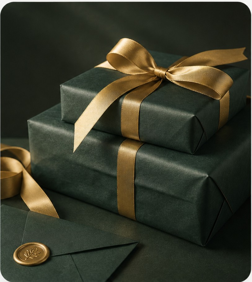 A stack of forest-green gift boxes tied with gold ribbon and a wax-sealed envelope